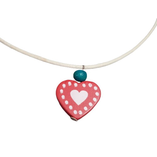 Children's necklace white leather with wooden red heart new