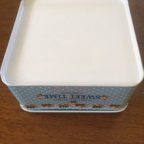 Metal box like new, square with blue polka dots and flowers