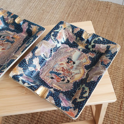 Authentic Japanese Satsuma ashtrays used, hand-painted