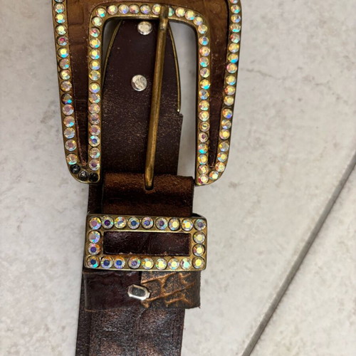Leather belt with strass used, brown