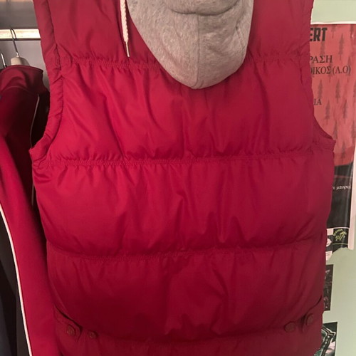 Puffer jacket new, sleeveless with grey hoodie, red, size large