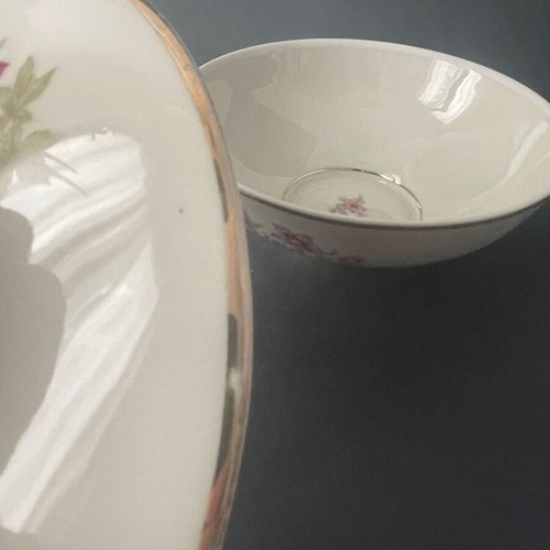 Vintage Winterling Marktleuthen porcelain covered bowl used, pink clematis and gold