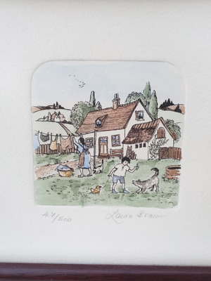 Laura Braun Hand-Coloured Etching 47/500 Used, Vintage Framed Cottage Scene
