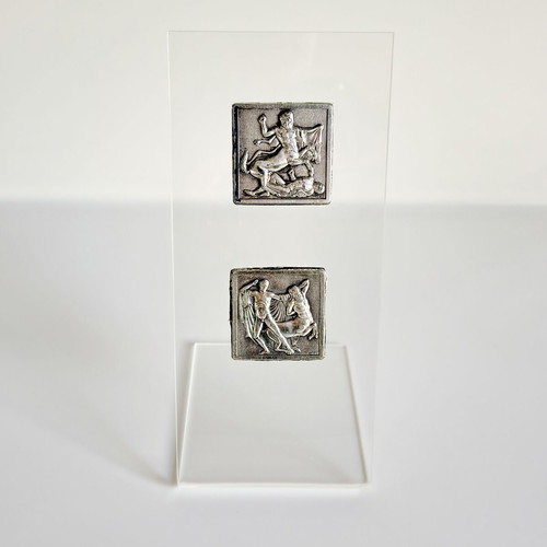 Set of 2 stands with 2 silver Parthenon sculpture depictions