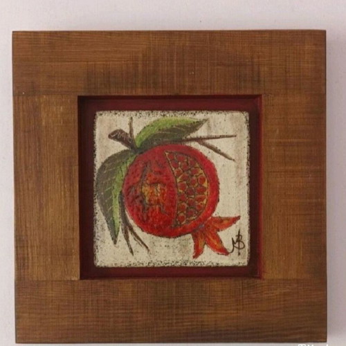 Oil painting on porcelain used, pomegranate theme, wooden frame 31x30 cm