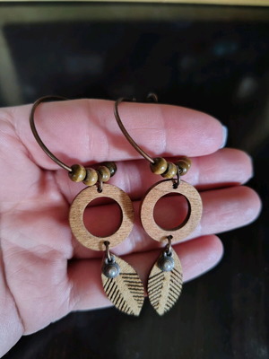 Vintage earrings new, handmade wood leather beads