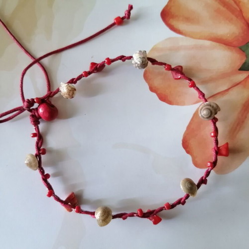 Handmade anklet new with natural corals, shells and red waxed thread