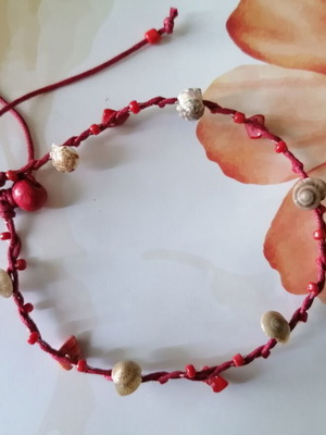 Handmade anklet new with natural corals, shells and red waxed thread