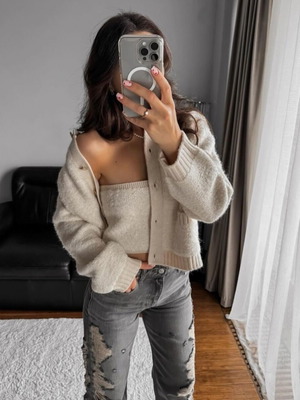 Zara two pieces set knit cardigan and top like new, white beige