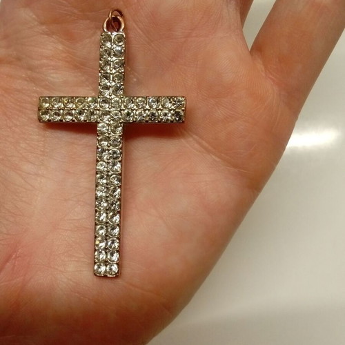 Cross with rhinestones new, white silver for necklace