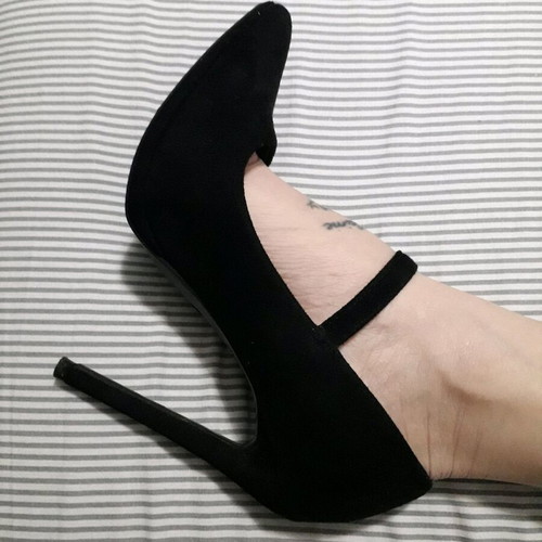 Black suede pumps with strap, 12 cm stiletto heel, size 35 like new