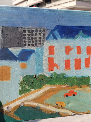Handmade naive style children's painting of colorful city with cars