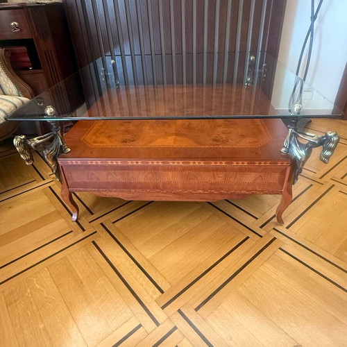 Marquetry coffee table used, Spanish, cherry wood