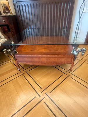 Marquetry coffee table used, Spanish, cherry wood