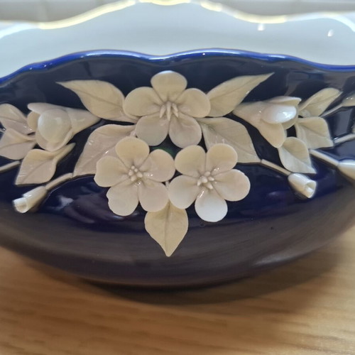 Vintage porcelain bowl cobalt blue with embossed flowers and gold rim 20cm