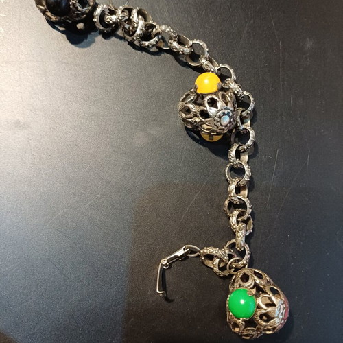 Vintage silver bracelet with chain and three ornate spherical elements like new
