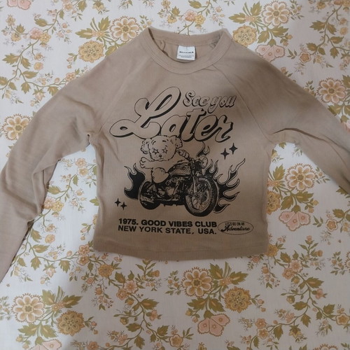 Bershka long-sleeve cropped top, black and brown, XS