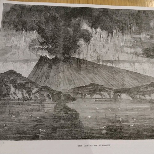 Volcano eruption in Santorini 1870 woodcut used 26x16cm