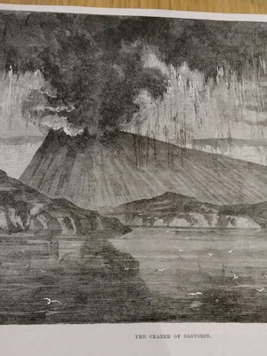 Volcano eruption in Santorini 1870 woodcut used 26x16cm