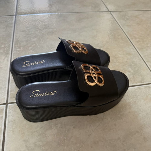 Simius black platform sandals with gold metal detail, size 38