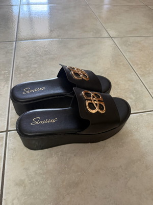 Simius black platform sandals with gold metal detail, size 38
