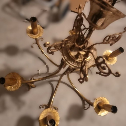 Chandelier ceiling light used, metal gold-bronze, 6 arms