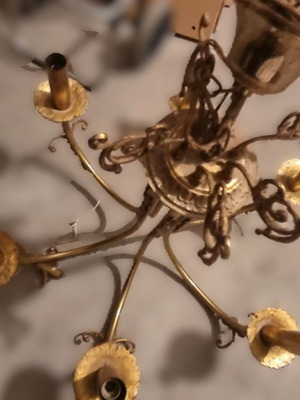 Chandelier ceiling light used, metal gold-bronze, 6 arms