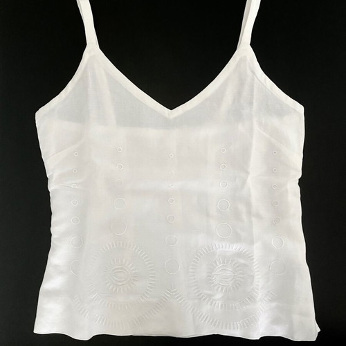 Vintage linen embroidered sleeveless top used, white, size S