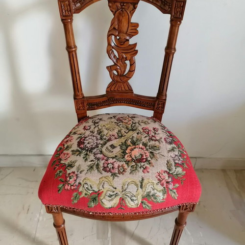 Carved chairs like new, set of 2 with embroidered upholstery