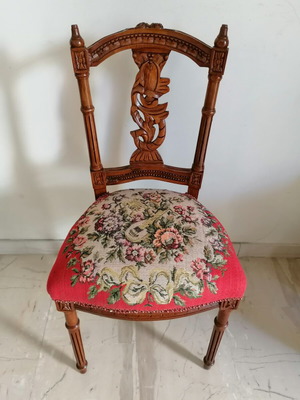 Carved chairs like new, set of 2 with embroidered upholstery