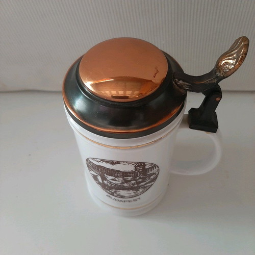 Vintage beer mug like new, Budapest porcelain with copper lid
