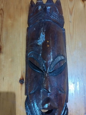 Wooden mask handmade used, broken and glued