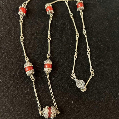 Silver necklace old with carnelian and intricate detail