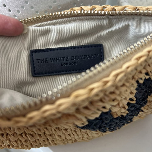 The White Company London Raffia Heart Pouch new, beige and blue