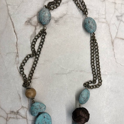 Boho necklace statement wood brown turquoise like new
