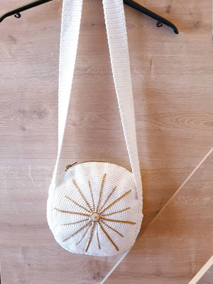 Handmade white shoulder bag with gold sun, new
