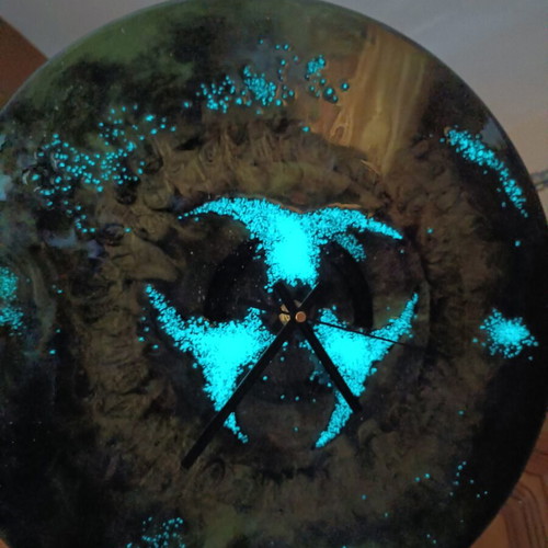Handmade wall clock with liquid glass biohazard design