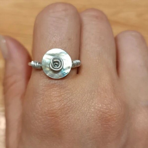 Ring with iridescent shell button adjustable, handmade silver
