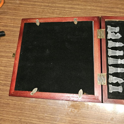 Glass vintage chess set used with mirror board and pieces