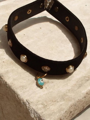 Handmade velvet bracelet with white strass and blue evil eye charm