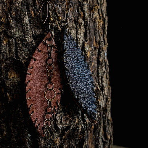 Handmade leather earrings two-tone new, Greek craftsmanship