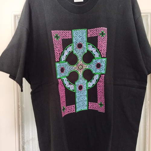 Vintage 90s Fashion Courtney Davis Celtic Cross πουκάμισο XL μεταχειρισμένο, μαύρο πολύχρωμο