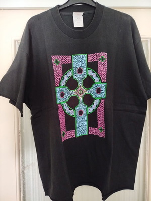 Vintage 90s Fashion Courtney Davis Celtic Cross πουκάμισο XL μεταχειρισμένο, μαύρο πολύχρωμο