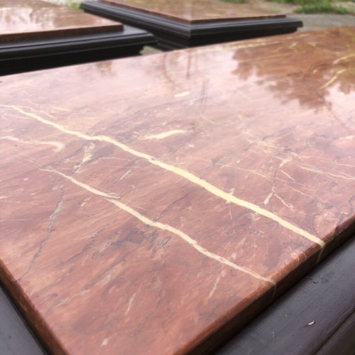Coffee table set used, 3 pieces, walnut wood and Ritsonas marble