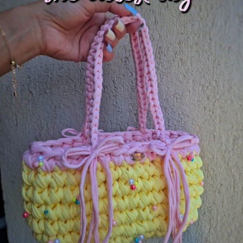 Handmade knitted bag with beads, pink and yellow