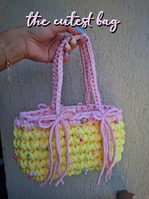 Handmade knitted bag with beads, pink and yellow