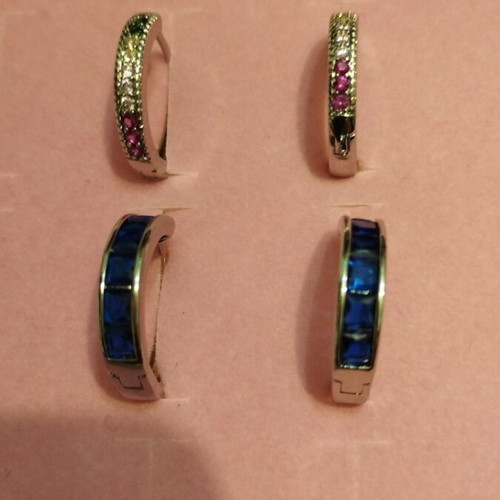 Stainless steel semicircle hoop earrings with multicolor and blue zircon set of two pairs new