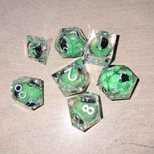 Liquid core D&D dice set green with black cat