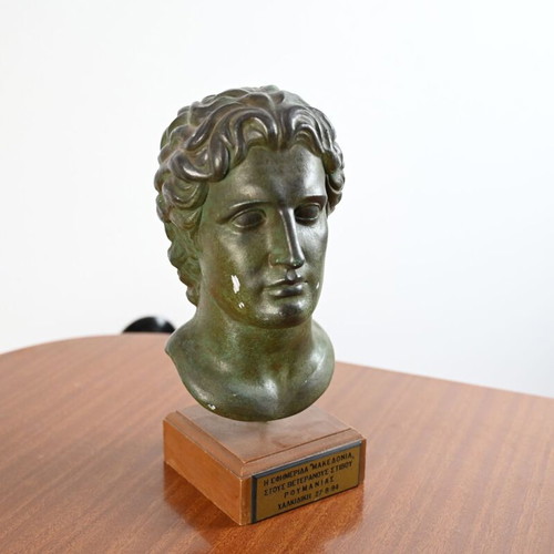 Bust of Alexander the Great used, commemorative award 1994 on wooden base