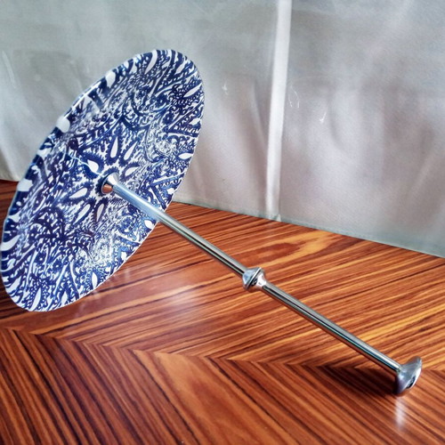 Aura glass embossed blue serving platter with metal handle new